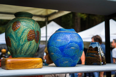 September 4, 2017 Woodside/CA/USA - Handcrafted colorful flower vases displayed at the Kings Mountain Art Fair located on Skyline Boulevard on Labor Day, San Francisco bay areaのeditorial素材