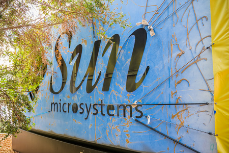 February 20, 2018 Menlo Park / CA / USA - Sun Microsystems old sign used at this moment by Facebook, who took over their former offices in Silicon Valley, San Francisco bay areaのeditorial素材