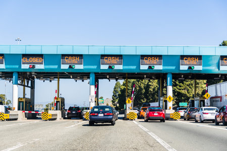 April 14, 2018 Vallejo / CA / USA - Cars stopping at Carquinez Bridge Toll Plaza to pay for the use...