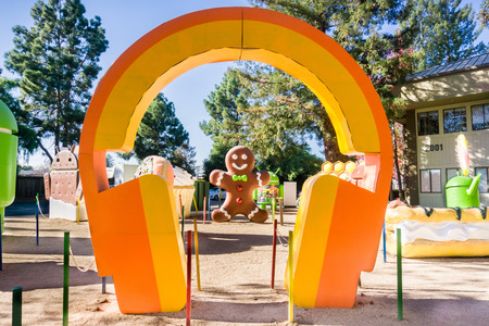 December 13, 2017 Mountain View / CA / USA - The Android Lawn Statues represent a photo opportunity in the Google office campus located in Silicon Valley, San Francisco bay areaのeditorial素材