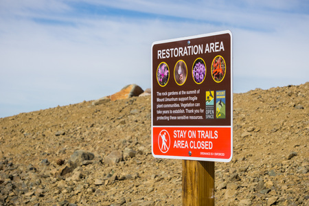 September 29, 2017 Los Gatos/CA/USA - Restoration area sign on top of Mt Umunhum, Sierra Azul Open Space Preserve, south San Francisco bay areaのeditorial素材