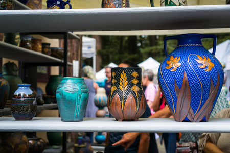September 4, 2017 Woodside/CA/USA - Handcrafted colorful flower vases displayed at the Kings Mountain Art Fair located on Skyline Boulevard on Labor Day, San Francisco bay areaのeditorial素材