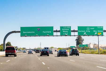 April 14, 2018 Fairfield / CA / USA - Driving on I80 in east San Francisco bay area towards...