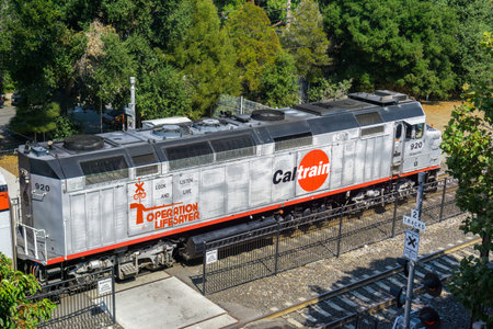 September 5, 2017 Sunnyvale / CA / USA - Aerial view of a stationed Caltrain engine in south San...
