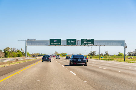 April 14, 2018 Davis / CA / USA - Light traffic on I80 towards Sacramento
