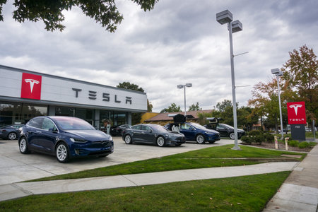 November 2, 2017 Sunnyvale/CA/USA - Tesla cars displayed in front of a showroom located in San...