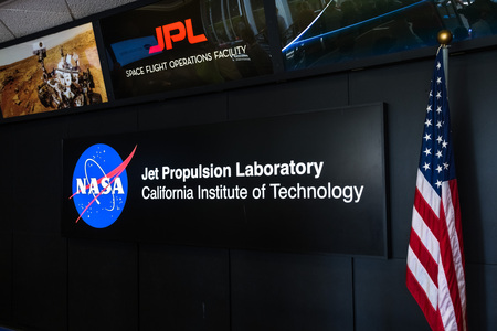 June 10, 2018 La Canada Flintridge / CA / USA -  NASA logo at the entrance to the Space Flight Operations Facility, Jet Propulsion Laboratory (JPL), California Institute of Technologyのeditorial素材