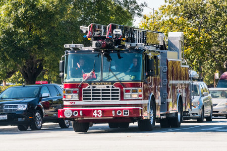 May 17, 2018 Sunnyvale/CA/USA - Fire engine on the street in downtown Sunnyvale, south San Francisco...