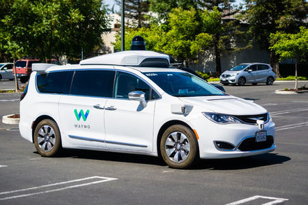 June 21, 2018 Mountain View / CA / USA - Close up of Waymo self driving car performing tests in a parking lot near Google's headquarters, south San Francisco bay areaのeditorial素材