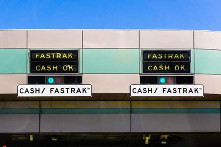 June 23, 2018 Martinez / CA / USA - Fastrak Cash OK sign at the toll plaza for the Benicia Martinez...