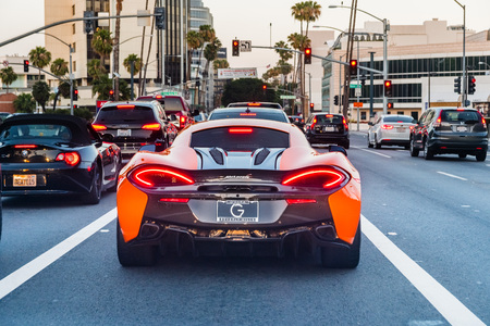 June 8, 2018 Los Angeles / CA / USA - Rear view of McLaren 570S sport car driving on the street of Los Angelesのeditorial素材