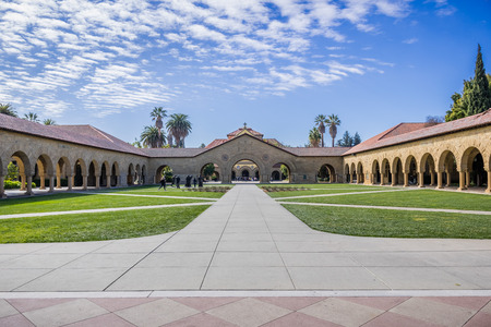 February 20, 2018 Palo Alto / CA / USA - Entrance to the Main Quad at Stanford University; Memorial Church in the background; San Francisco bay areaのeditorial素材