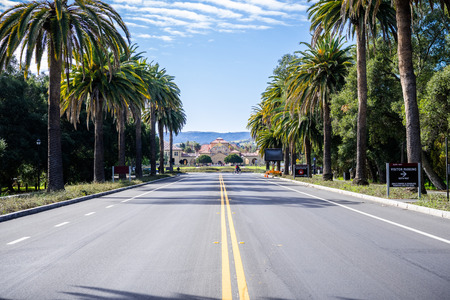 February 20, 2018 Palo Alto / CA / USA - Main road leading to Stanford campus, Memorial Church in the background; San Francisco bay areaのeditorial素材