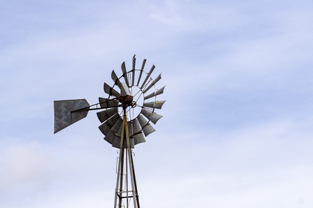Old water pumping windmill with a tiny bird on top, Joseph Grant County Park, Californiaの写真素材