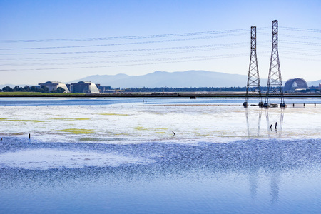 Landscape in south San Francisco bay, view towards Moffett airfield from the bay trail, Sunnyvale, Californiaの写真素材