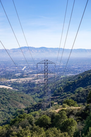 Electricity tower on south San Francisco bay area, San Jose on the background, California