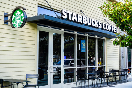 February 28, 2019 Sunnyvale / CA / USA - Exterior view of a Starbucks Coffee location in south San...