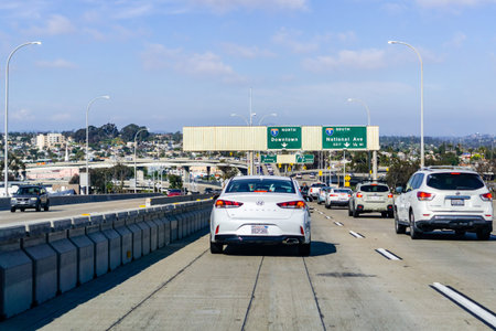 March 19, 2019 San Diego / CA / USA - Driving towards Los Angeles through heavy traffic on a sunny...