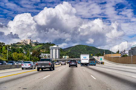 March 20, 2019 Los Angeles / CA / USA - Travelling on Highway 405 towards I5; Getty Center visible on the left, on top of the hillsのeditorial素材
