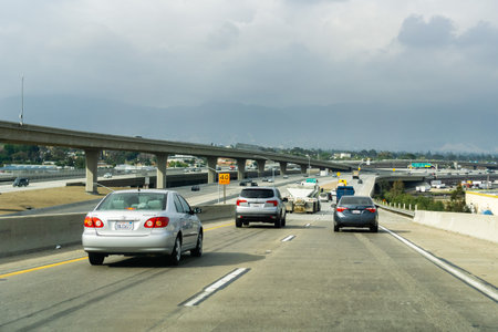 March 20, 2019 Los Angeles / CA / USA - Driving towards Los Angeles on a cloudy day