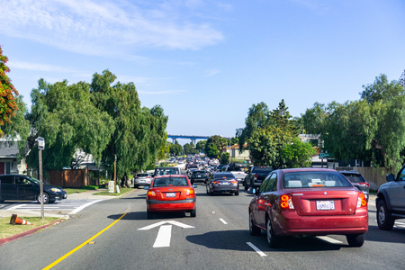 March 19, 2019 San Diego / CA / USA - Driving towards Coronado Bridge through heavy trafficのeditorial素材