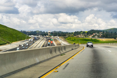 March 20, 2019 Los Angeles / CA / USA - Driving towards Los Angeles on a cloudy day