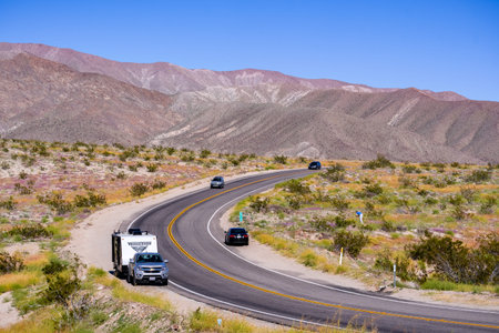 March 18, 2019 Borrego Springs / CA / USA - Highway going through Anza-Borrego Desert State Park...