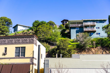 Residential area with houses built on a hill San Rafael, Marin county, north San Francisco bay area,...