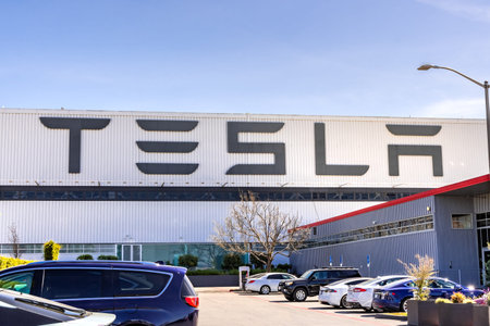 April 12, 2019 Fremont / CA / USA - Exterior view of Tesla Factory located in East San Francisco bay...