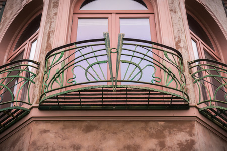 Old building facade with forged iron balcony, San Francisco, Californiaの写真素材