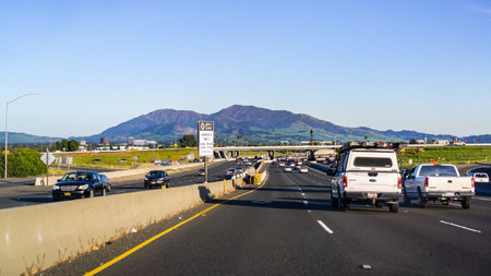 April 22, 2019 Concord / CA / USA - Driving on the freeway in east San Francisco bay area; Mt Diablo in the backgroundのeditorial素材