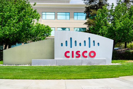 April 27, 2019 San Jose / CA / USA - CISCO sign in front of the headquarters in Silicon Valley, San Francisco bay areaのeditorial素材
