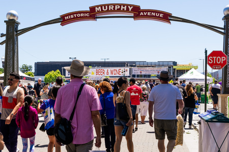 June 2, 2019 Sunnyvale / CA / USA - People participating at the Art, Wine & Music Festival in downtown Sunnyvale, South San Francisco bay areaのeditorial素材
