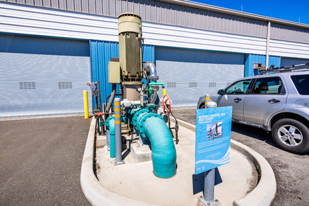 June 20, 2019 San Jose / CA / USA - Reverse osmosis feed pump at the Silicon Valley Advanced Water Purification Center located in San Francisco bay area; part of the Santa Clara Valley Water Districtのeditorial素材