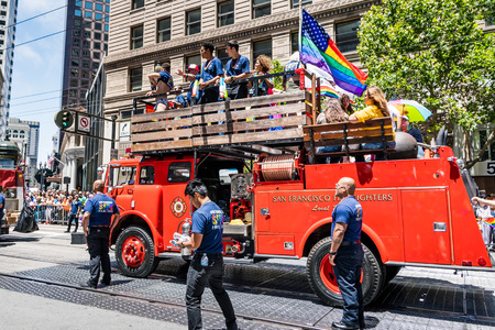 June 30, 2019 San Francisco / CA / USA - San Francisco Fire Department taking part at the SF Pride Parade on Market Street in downtown San Franciscoのeditorial素材