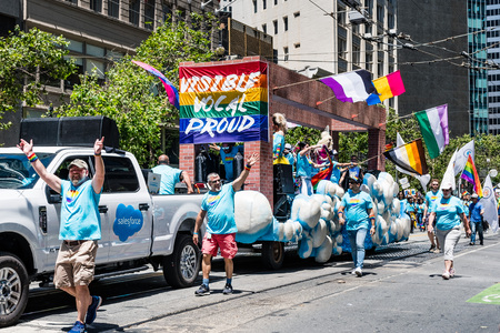 June 30, 2019 San Francisco / CA / USA - Salesforce sponsored caravan taking part at the SF Pride Parade on Market Street in downtown San Franciscoのeditorial素材