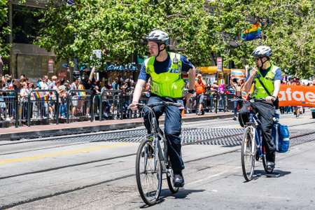June 30, 2019 San Francisco / CA / USA - Emergency medical services (EMS) personnel biking on the SF...