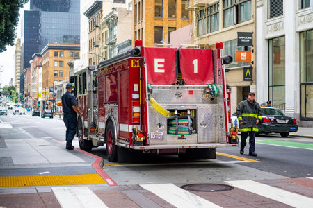 June 30, 2019 San Francisco / CA / USA - Firefighter engine parked close to Market Street during the...