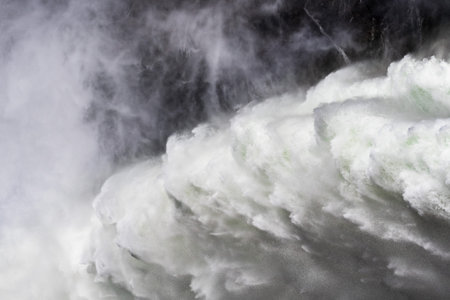 Close up of water jet released at O'Shaughnessy Dam from Hetch Hetchy Reservoir in Yosemite National...