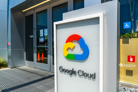 July 19, 2019 Sunnyvale / CA / USA - Close up of Google Cloud sign displayed at the entrance to...