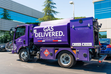 August 1, 2019 Redwood City / CA / USA - Booster Fuels Inc mini tank making deliveries in Silicon...