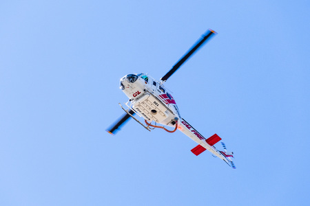August 1, 2019 Santa Clara / CA / USA - Cal Fire (California Department of Forestry and Fire Protection) helicopter responding to an emergency call in South San Francisco Bay Areaのeditorial素材