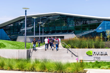 August 9, 2019 Santa Clara / CA / USA - People walking towards the entrance to Nvidia Endeavor...