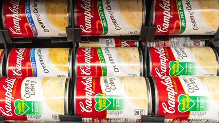 August 29, 2019 Sunnyvale / CA / USA -Close up of tin cans of Campbellâs soup for sale in a supermarket; Campbell's Soup Company was founded in 1869 and now sells products in 120 countriesのeditorial素材
