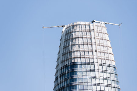 Aug 21, 2019 San Francisco / CA / USA -Close up of the top of Salesforce tower, a 100-foot-tall...