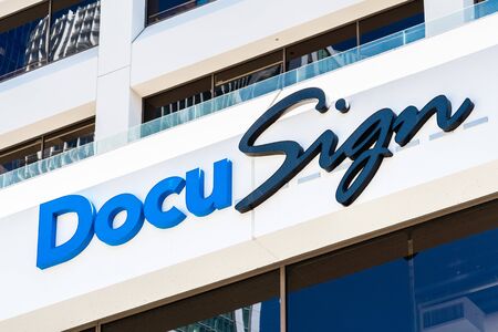 August 21, 2019 San Francisco / CA / USA - Close up of DocuSign logo at their headquarters in SOMA district; DocuSign, Inc. is an American company providing document management servicesのeditorial素材