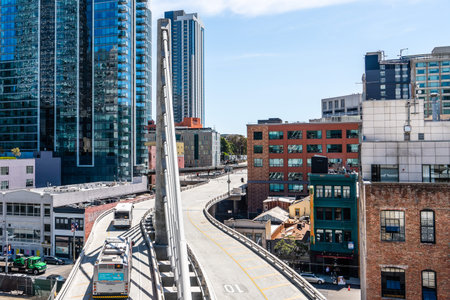August 21, 2019 San Francisco / CA / USA - Buses driving out of the Salesforce Transit Center on a...