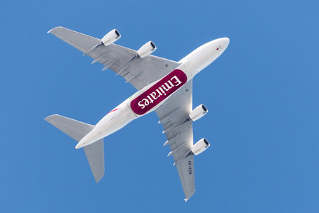 September 1, 2019 Burlingame / CA / USA - Emirates Airbus A380 aircraft doing a fly over before...
