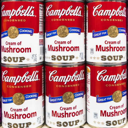 August 29, 2019 Sunnyvale / CA / USA -Close up of tin cans of Campbellâ€™s mushroom soup for...