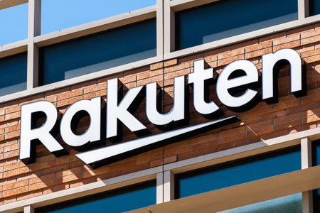 August 24, 2019 San Mateo / CA / USA - Close up Rakuten sign at their headquarters located in...